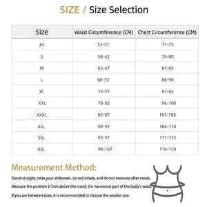 Size chart for corset corset vest from XS to 6XL with waist and chest measurements