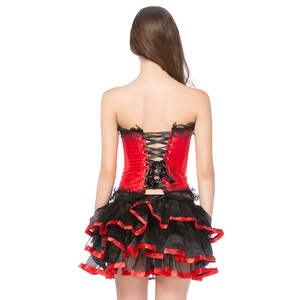 Elegant red and black Victorian corset set with lace-up back and layered tutu skirt