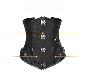 Détail d'un corset jacquard noir vintage avec boucles métalliques et motif floral
