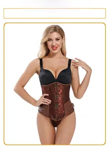 Détails du corset sous-poitrine steampunk marron avec tissu jacquard et boucles métalliques