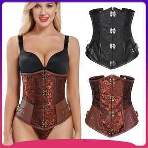 Corset Bustier Femme Steampunk Gothique Rétro Jacquard Cuir Synthétique Serre Taille Avec Boucles Métalliques Baleines Acier Sexy Top
