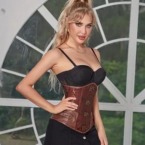 Corset steampunk marron avec motif jacquard vintage et boucles en cuivre antique