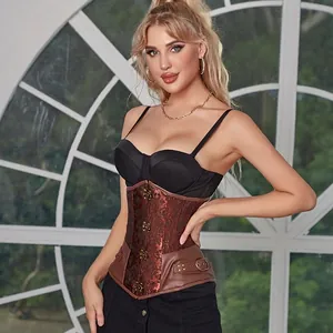 Serre-taille steampunk vintage en jacquard bronze avec crochets en métal et boucles décoratives