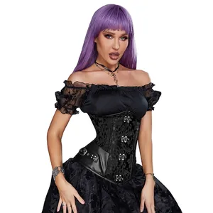 Corset gothique noir en jacquard avec boucles en métal et manches en dentelle
