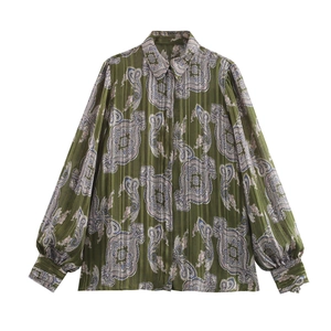 Women Vintage Paisley Print Blouse Metallic Thread Lantern Sleeve Tie Cuff Green Lightweight Loose Top