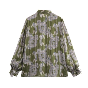 Olive green paisley print long sleeve shirt for women featuring elegant puff cuffs