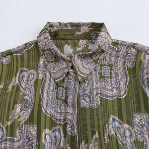 Olive green paisley print shirt with vertical texture and classic turndown collar