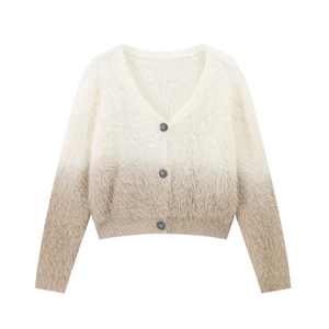 Gilet en mohair dégradé chic à manches longues et col en V profond en beige et marron