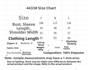 Tabella delle taglie per maglione in maglia con misure S M L e dettagli del materiale
