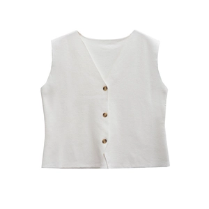 Gilet in maglia bianca da donna con scollo a V, bottoni e vestibilità casual senza maniche