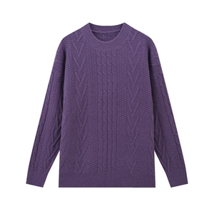 Maglione in maglia viola da donna con girocollo e motivo a trecce intrecciate