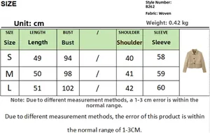 Size chart for faux suede lapel jacket showing length and sleeve measurements in cm