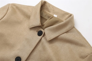 Close-up of lapel collar and black button on khaki suede jacket with neat stitching detail