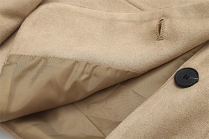 Close-up of khaki suede jacket texture with black button and neat inner lining detail