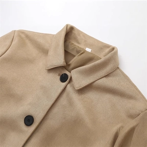 Women's camel faux suede jacket featuring lapel collar and large black buttons