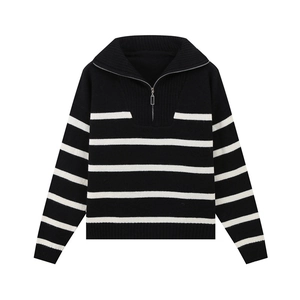 Pull rayé pour femmes avec col polo zippé et manches longues style marin