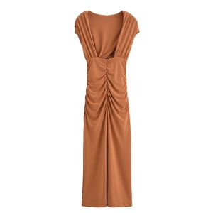 Slim fit backless dress in caramel brown with ruched detailing and deep V-neckline