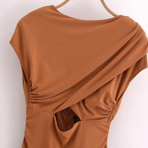 Brown slim-fit dress with stylish crossover twist pleated design and cutout back detail