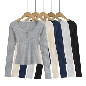 T-Shirt Slim en Maille Nervurée Style Américain pour Femmes avec Bordure en Dentelle Col en U Haut Pullover Manches Longues