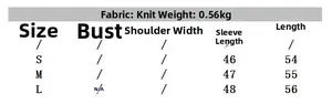 Size chart for knit cape coat showing measurements for sleeve and body length in S to L