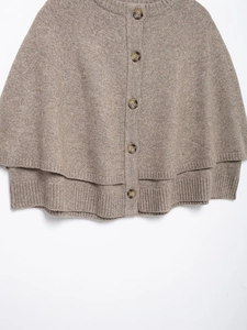 Detailed macro view of the knitted texture and faux tortoiseshell buttons on brown cape