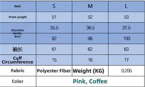Size chart for women's round neck jacket showing S, M, and L dimensions in centimeters