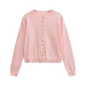 Light pink knit cardigan with round neck and pearl-style buttons on a flat lay view