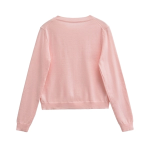 Women's minimalist pastel pink crewneck long sleeve knit cardigan sweater back view