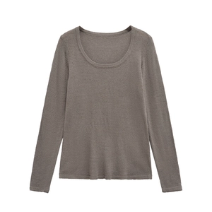 Maglione in maglia grigio marrone da donna con girocollo classico e dettagli a coste