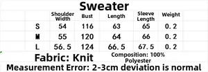Size chart for striped crewneck sweater with detailed measurements in centimeters