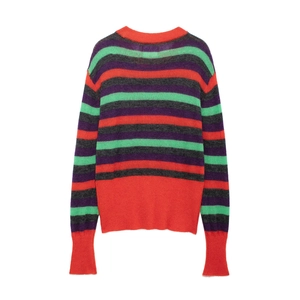 Loose-fit striped crewneck knit sweater in vintage red, green, purple, and grey stripes