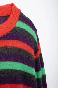 Close-up of the plush mohair texture and colorful striped knit collar of the sweater