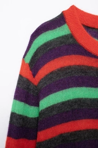 Detailed close-up showing the fuzzy mohair texture and colorful striped knit patterns