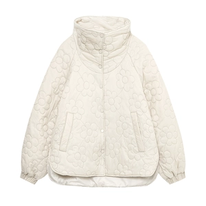 Winterliche cremeweiße Steppjacke für Damen mit Blumenstickerei und modischem Stehkragen