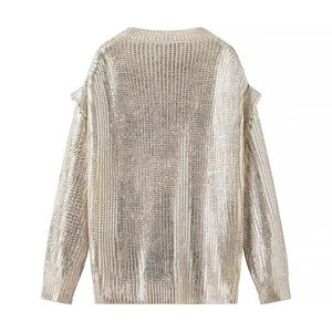 Pull doré métallisé pour femme avec maille côtelée verticale et manches longues