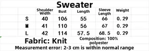 Size chart for winter knit jacket and skirt set with detailed measurements and fabric info