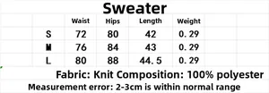 Size chart for winter knitted jacket and skirt set with S, M, L dimensions and polyester fabric
