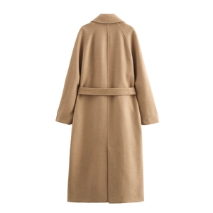 Classic camel wool long coat for women with waist belt and back vent on white background