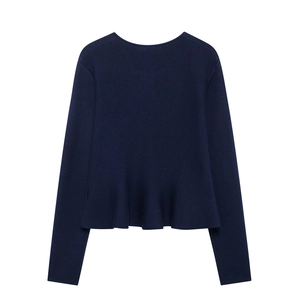 Navy blue winter knit jacket with elegant peplum hem, back view of the chic women cardigan