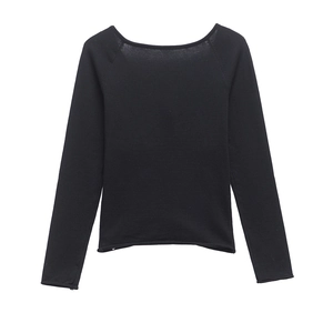 Slim fit black long sleeve knit top for women with wide neckline and folded details