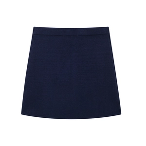 Flat lay of a navy blue A-line knit skirt with a clean waistline and structured fabric