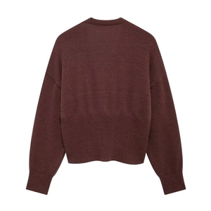 Vista posteriore di un cardigan in maglia bordeaux con scollo a V per donna