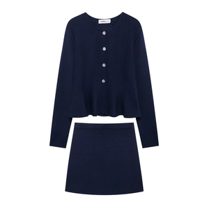 Winter navy blue knit cardigan jacket and mini skirt set with decorative buttons