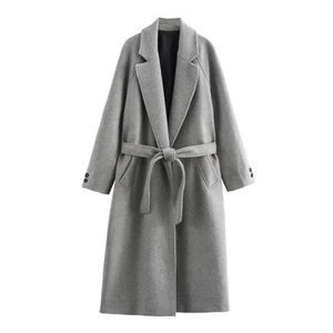 Classic grey wool blend long coat featuring a notched lapel and matching waist tie belt