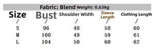 Detailed size chart for street fashion belted jacket showing fabric and weight info