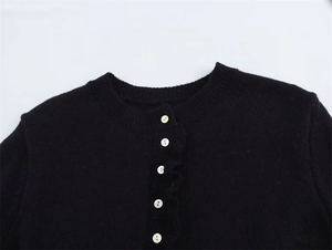 Dettaglio del collo rotondo e dei bottoni bianchi su un cardigan in maglia nera