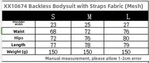 Size chart showing S to L measurements for mesh backless bodysuit with straps