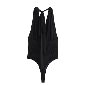 Minimalist black halter neck bodysuit with deep V-neckline and backless detail