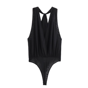 Detail of black mesh halter bodysuit with deep V-neckline and sheer textured fabric