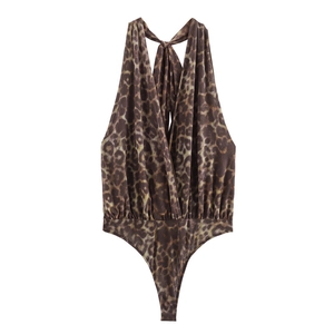 Women's backless leopard print bodysuit with a deep V-neck and halter strap design